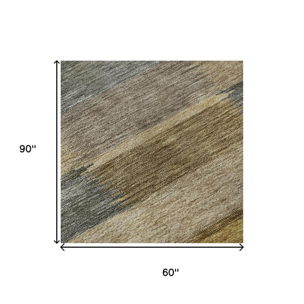 HomeRoots 5' X 8' Striped Washable Area Rug in Brown, Beige, and Gray - UV Protected, Non-Slip, Durable Design 695308