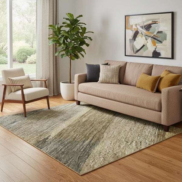 HomeRoots 5' X 8' Striped Washable Area Rug in Brown, Beige, and Gray - UV Protected, Non-Slip, Durable Design 695308