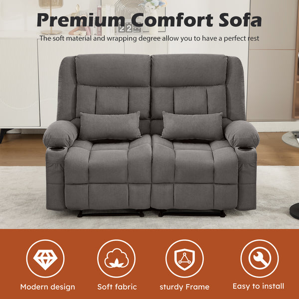 English Elm Recliner Oversized Manual Loveseat with Cup Holders and Side Pocket, Ergonomic 150° Recline, 600lb Capacity Grey W1521S00074
