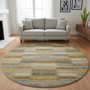 HomeRoots 8' Washable Round Rug in Brown, Beige & Gray Stripes – UV Protection, Durable & Easy Care for Any Space 695309