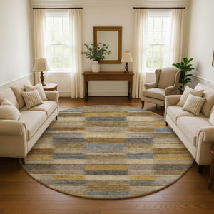 HomeRoots 8' Washable Round Rug in Brown, Beige & Gray Stripes – UV Protection, Durable & Easy Care for Any Space 695309