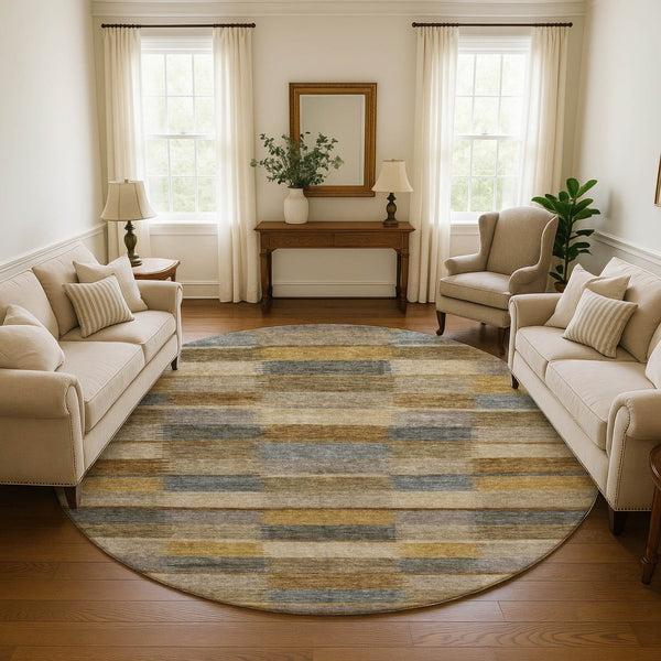 HomeRoots 8' Washable Round Rug in Brown, Beige & Gray Stripes – UV Protection, Durable & Easy Care for Any Space 695309
