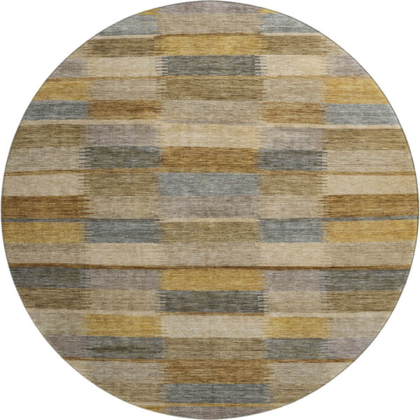 HomeRoots 8' Washable Round Rug in Brown, Beige & Gray Stripes – UV Protection, Durable & Easy Care for Any Space 695309