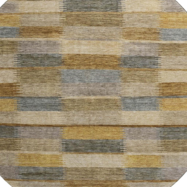 HomeRoots 8' Washable Round Rug in Brown, Beige & Gray Stripes – UV Protection, Durable & Easy Care for Any Space 695309