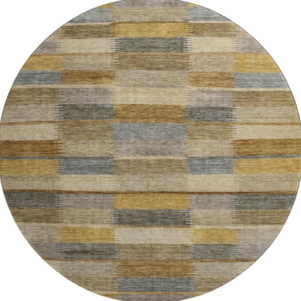 HomeRoots 8' Washable Round Rug in Brown, Beige & Gray Stripes – UV Protection, Durable & Easy Care for Any Space 695309