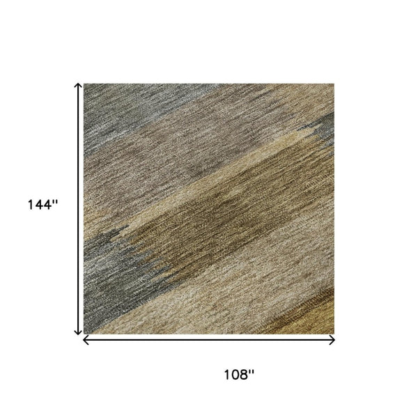 HomeRoots 9' X 12' Striped Area Rug in Brown, Beige & Gray - Washable, UV Protected, Ideal for Busy Homes 695311