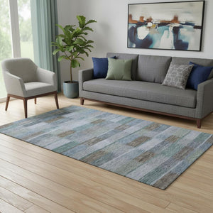 HomeRoots 5' Blue Teal & Brown Striped Washable Area Rug - UV Protected, Stain Resistant, Perfect for Families! 695314
