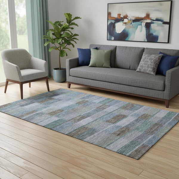 HomeRoots 5' Blue Teal & Brown Striped Washable Area Rug - UV Protected, Stain Resistant, Perfect for Families! 695314