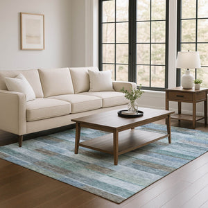 HomeRoots 5' Blue Teal & Brown Striped Washable Area Rug - UV Protected, Stain Resistant, Perfect for Families! 695314