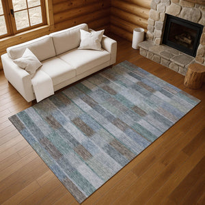 HomeRoots 5' Blue Teal & Brown Striped Washable Area Rug - UV Protected, Stain Resistant, Perfect for Families! 695314