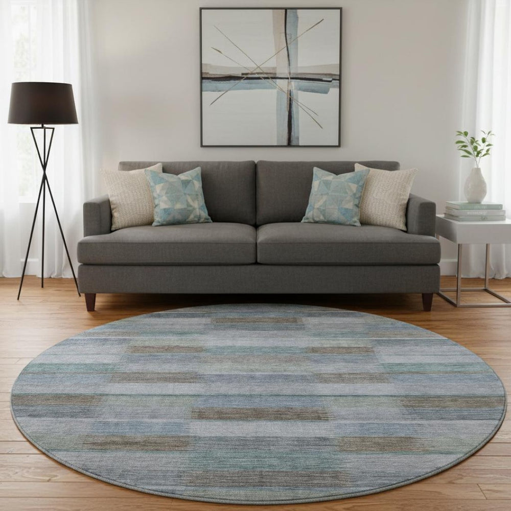 HomeRoots 8' Striped Washable Round Rug in Blue, Teal & Brown - Durable, Stain-Resistant with UV Protection! 695315