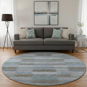 HomeRoots 8' Striped Washable Round Rug in Blue, Teal & Brown - Durable, Stain-Resistant with UV Protection! 695315