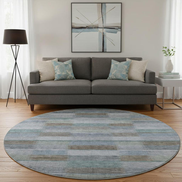 HomeRoots 8' Striped Washable Round Rug in Blue, Teal & Brown - Durable, Stain-Resistant with UV Protection! 695315