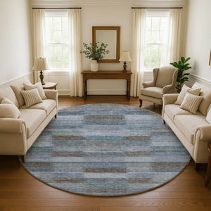 HomeRoots 8' Striped Washable Round Rug in Blue, Teal & Brown - Durable, Stain-Resistant with UV Protection! 695315