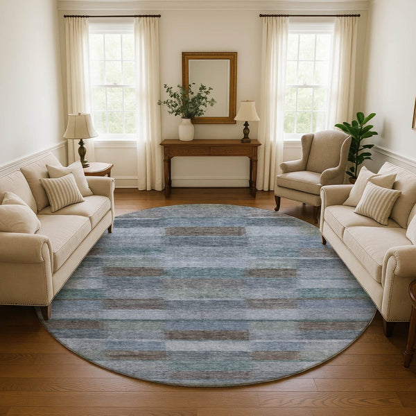 HomeRoots 8' Striped Washable Round Rug in Blue, Teal & Brown - Durable, Stain-Resistant with UV Protection! 695315