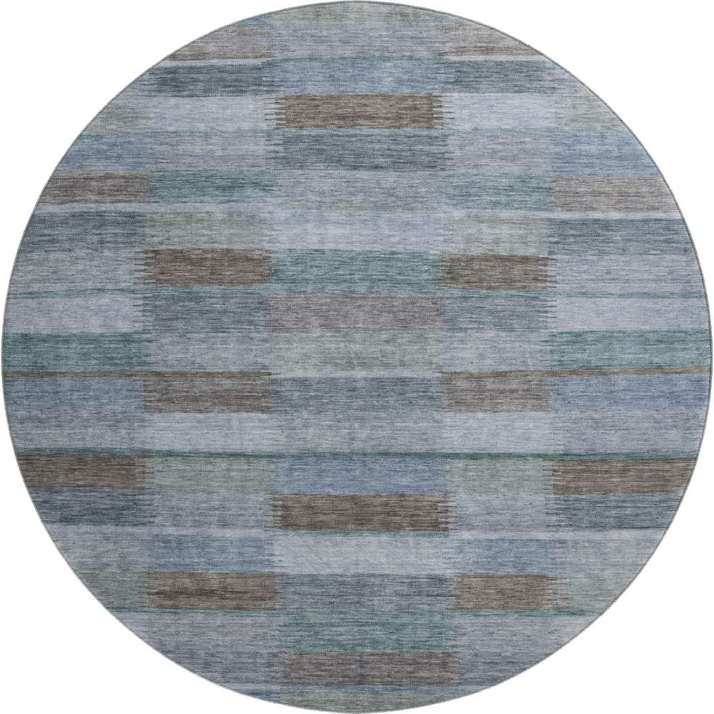 HomeRoots 8' Striped Washable Round Rug in Blue, Teal & Brown - Durable, Stain-Resistant with UV Protection! 695315