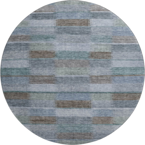 HomeRoots 8' Striped Washable Round Rug in Blue, Teal & Brown - Durable, Stain-Resistant with UV Protection! 695315