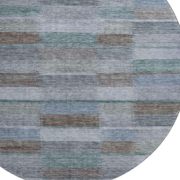 HomeRoots 8' Striped Washable Round Rug in Blue, Teal & Brown - Durable, Stain-Resistant with UV Protection! 695315