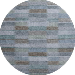 HomeRoots 8' Striped Washable Round Rug in Blue, Teal & Brown - Durable, Stain-Resistant with UV Protection! 695315