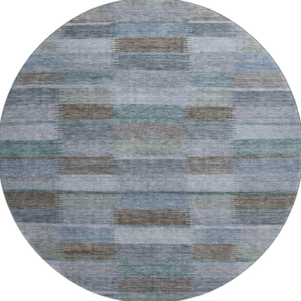 HomeRoots 8' Striped Washable Round Rug in Blue, Teal & Brown - Durable, Stain-Resistant with UV Protection! 695315