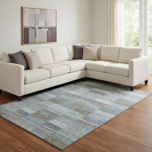 HomeRoots 8' X 10' Washable Area Rug in Blue Teal & Brown Stripes - UV Protected, Perfect for High-Traffic Spaces 695316