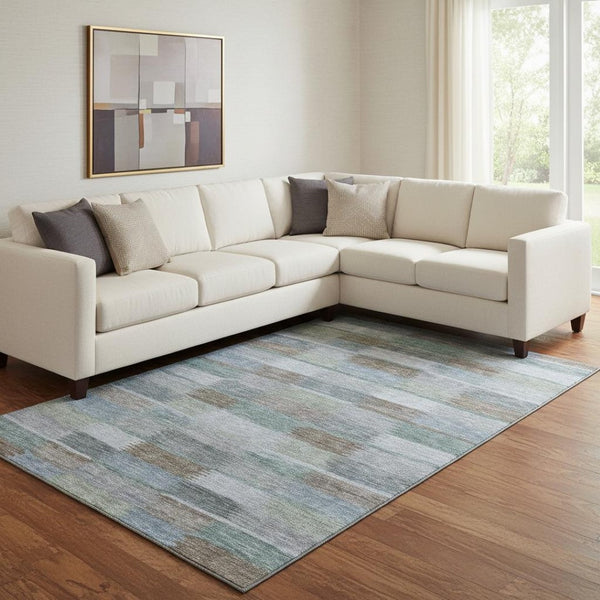 HomeRoots 8' X 10' Washable Area Rug in Blue Teal & Brown Stripes - UV Protected, Perfect for High-Traffic Spaces 695316