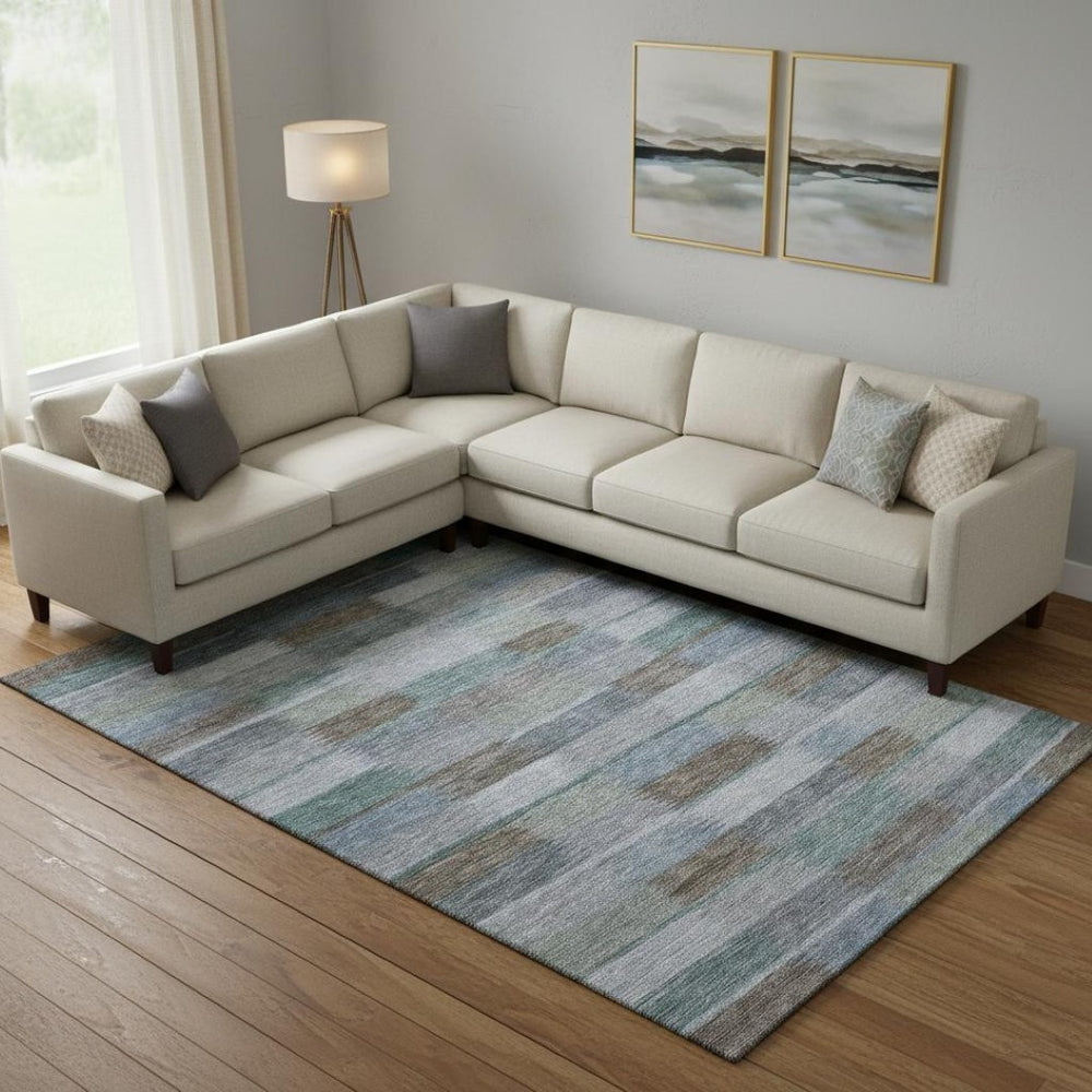 HomeRoots 9' X 12' Vibrant Blue Teal and Brown Striped Washable Area Rug with UV Protection for High-Traffic Areas 695317