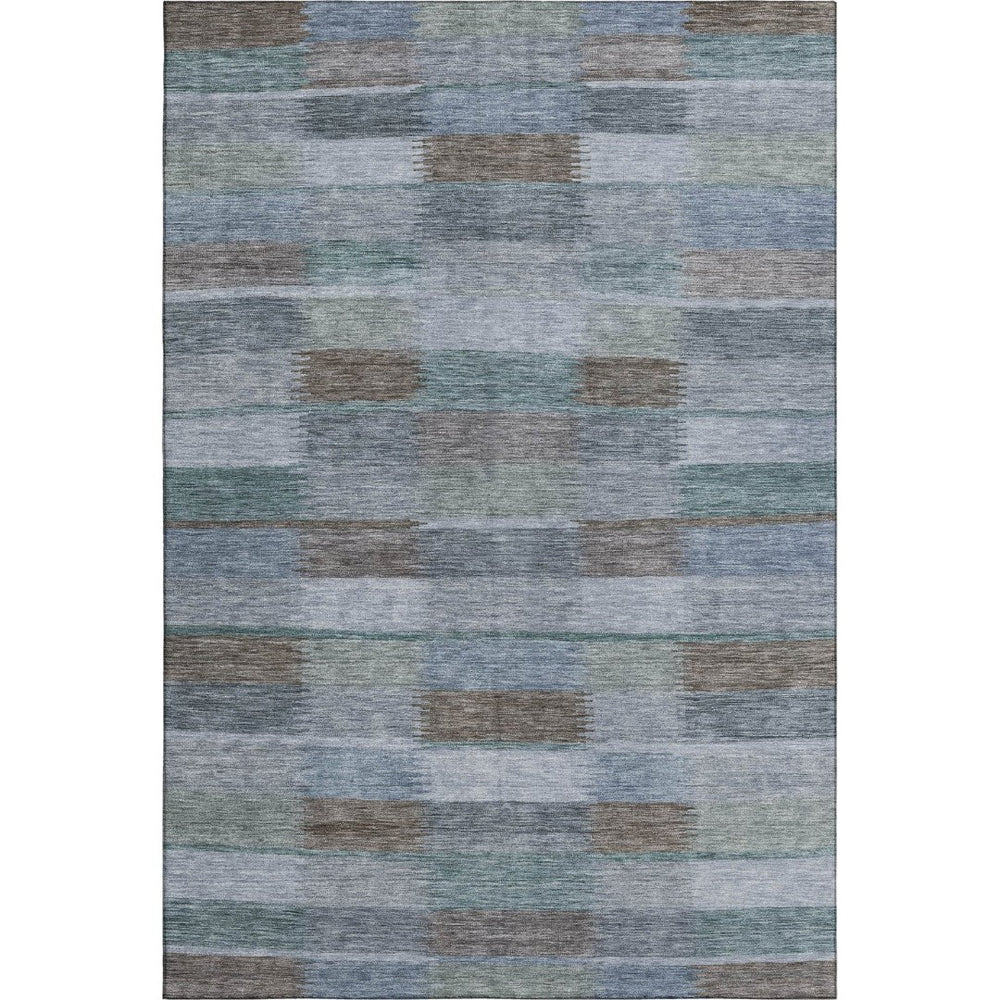 HomeRoots 9' X 12' Vibrant Blue Teal and Brown Striped Washable Area Rug with UV Protection for High-Traffic Areas 695317