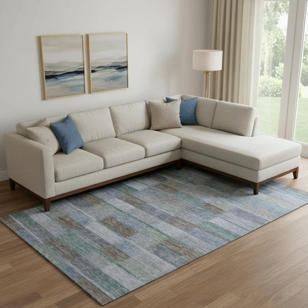 HomeRoots 10' Blue Teal & Brown Striped Washable Area Rug - Durable, UV-Protected & Stain-Resistant Design! 695318