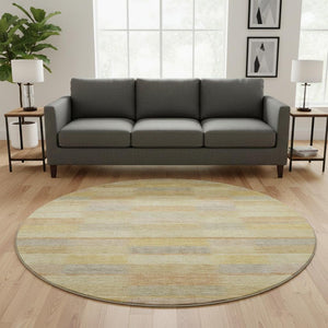 HomeRoots 8' Washable Round Rug in Wheat Beige & Gray Stripes - UV Protected, Non-Slip, Stain-Resistant Design 695321