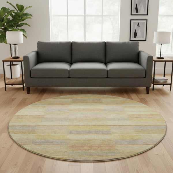 HomeRoots 8' Washable Round Rug in Wheat Beige & Gray Stripes - UV Protected, Non-Slip, Stain-Resistant Design 695321