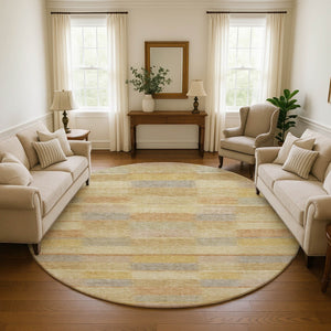HomeRoots 8' Washable Round Rug in Wheat Beige & Gray Stripes - UV Protected, Non-Slip, Stain-Resistant Design 695321
