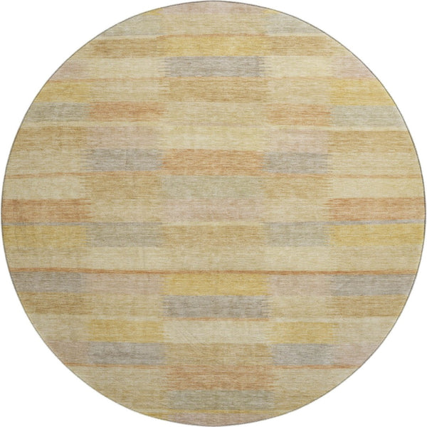 HomeRoots 8' Washable Round Rug in Wheat Beige & Gray Stripes - UV Protected, Non-Slip, Stain-Resistant Design 695321