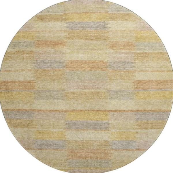 HomeRoots 8' Washable Round Rug in Wheat Beige & Gray Stripes - UV Protected, Non-Slip, Stain-Resistant Design 695321