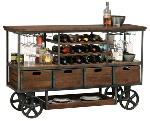 Hekman Furniture 695324 Antique Brown Wood & Aged Iron Bar Cart With Wine Storage, Glass Racks, And Locking Wheels  Budge Wine And Bar Cart 695324