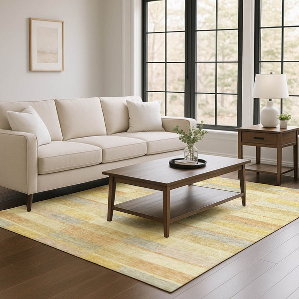 HomeRoots 10' X 14' Washable Wheat Beige & Gray Striped Area Rug with UV Protection for Family Homes 695324