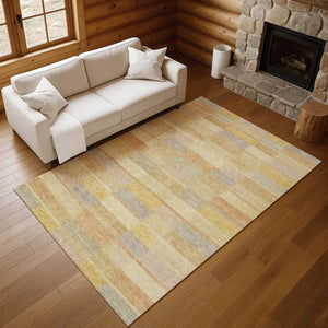 HomeRoots 10' X 14' Washable Wheat Beige & Gray Striped Area Rug with UV Protection for Family Homes 695324