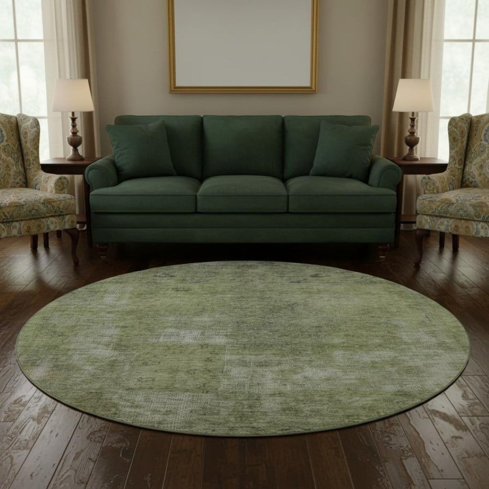 HomeRoots 8' Washable Round Rug in Artichoke Green, Gray & Silver – Stylish, Durable & UV Resistant Design 695327