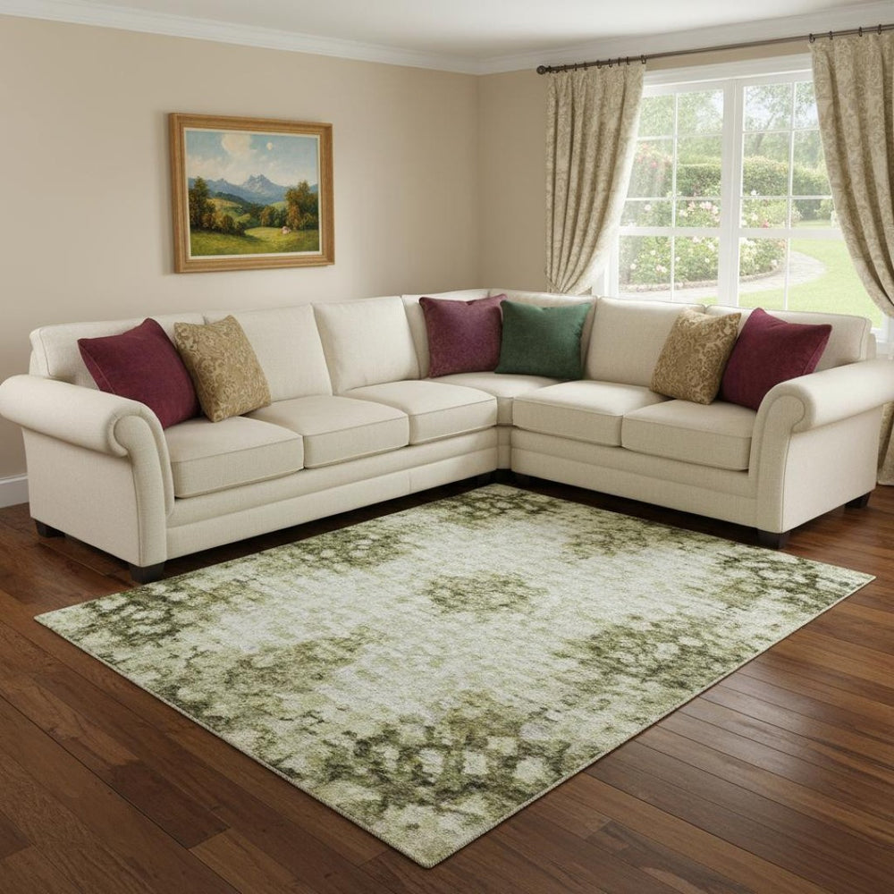 HomeRoots 8' X 10' Artichoke Green and Gray Abstract Area Rug - Washable, UV Protected, Easy Care & Durable 695328