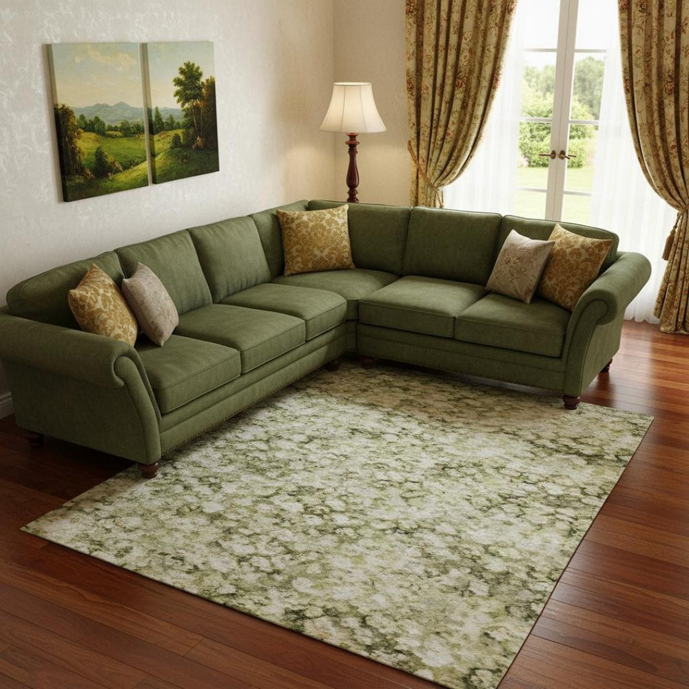 HomeRoots 9' X 12' Artichoke Green Gray Silver Contemporary Abstract Washable Area Rug with UV Protection 695329