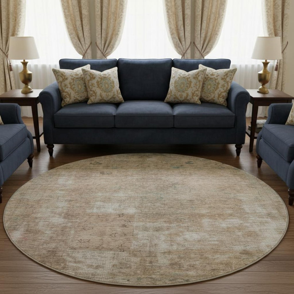 HomeRoots 8' Washable Round Rug in Beige, Gray & Khaki - UV Protected, Soft, Stylish, and Durable for Any Space 695333