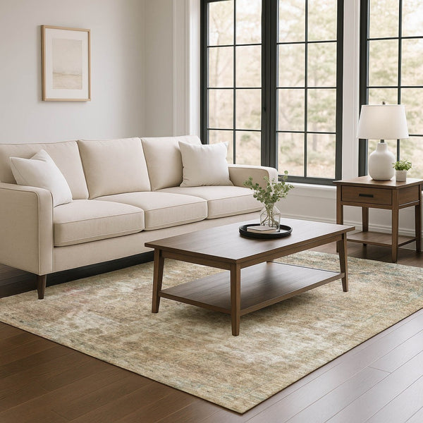 HomeRoots 8' X 10' Washable Beige Gray Khaki Abstract Area Rug with UV Protection for Modern Homes & Spaces 695334