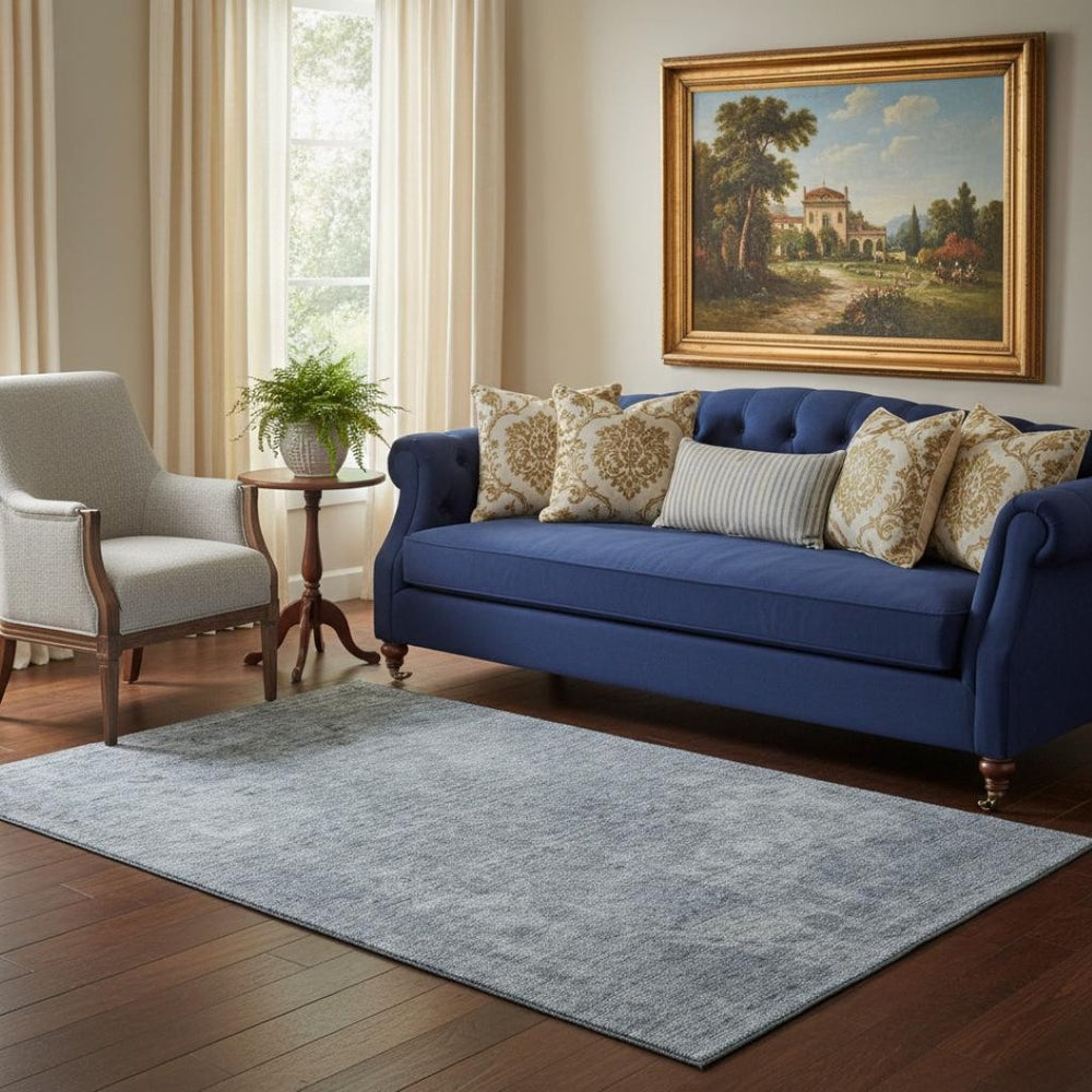 HomeRoots 5' X 8' Modern Blue and Gray Abstract Area Rug – Washable, UV Protected, Stain Resistant, Durable Design 695338