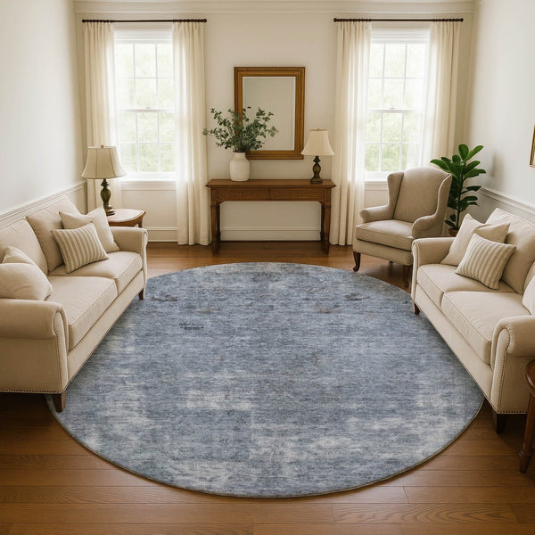 HomeRoots 8' Blue and Gray Abstract Round Rug - Washable, Stain Resistant, UV Protected for High-Traffic Homes 695339