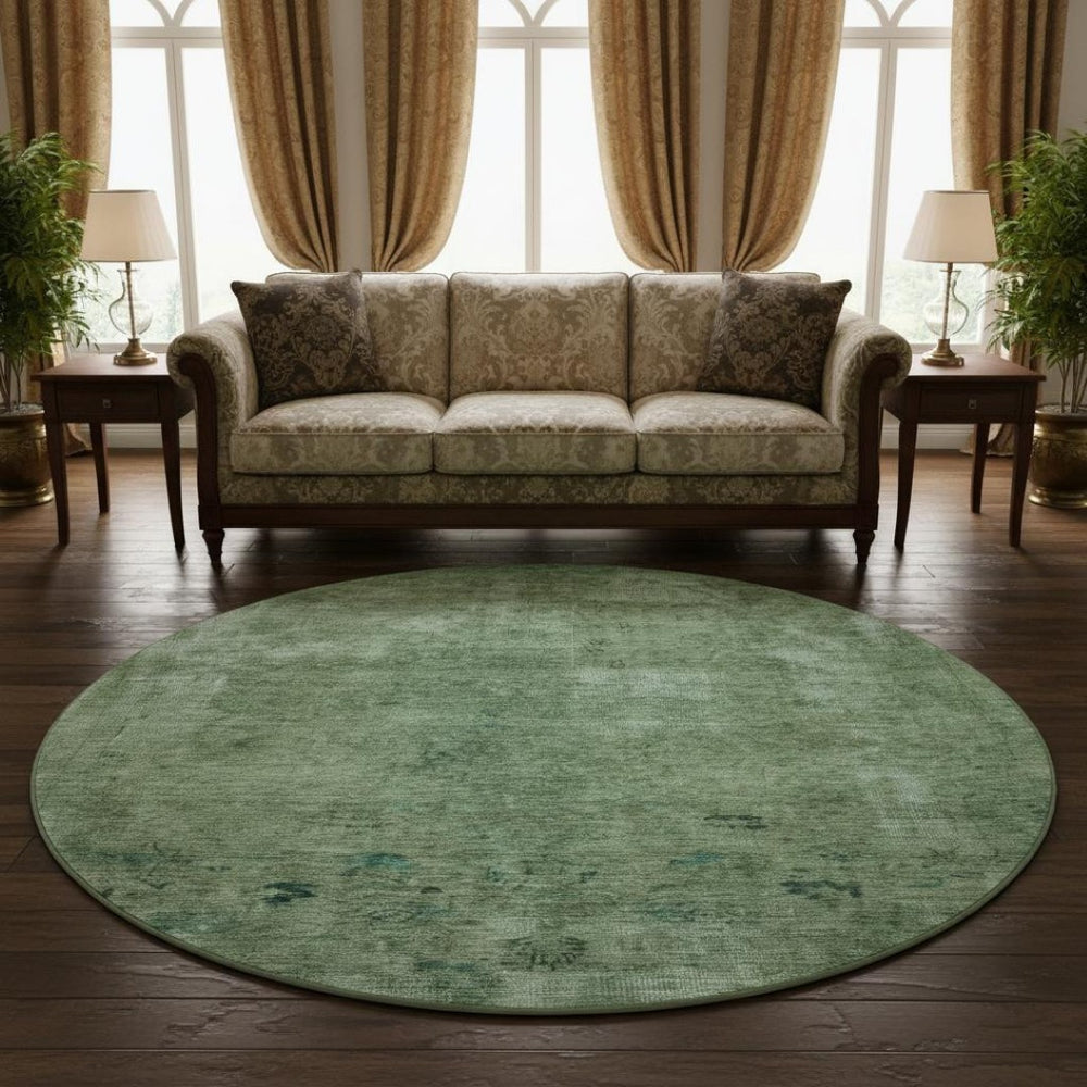 HomeRoots 8' Sage and Teal Abstract Round Rug - Washable, UV-Protected, Durable Design for High-Traffic Homes 695345