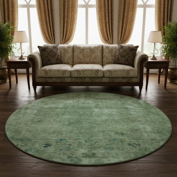 HomeRoots 8' Sage and Teal Abstract Round Rug - Washable, UV-Protected, Durable Design for High-Traffic Homes 695345