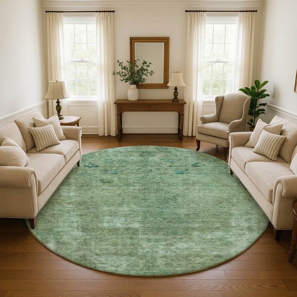 HomeRoots 8' Sage and Teal Abstract Round Rug - Washable, UV-Protected, Durable Design for High-Traffic Homes 695345