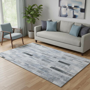 HomeRoots 5' X 8' Blue Ivory Gray Striped Area Rug - Washable, UV Protected, Family-Friendly Home Decor 695350