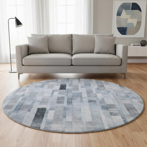 HomeRoots 8' Washable Round Rug in Blue, Ivory & Gray Stripes - Durable, Stain-Resistant with UV Protection! 695351