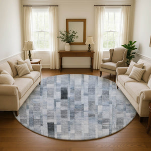 HomeRoots 8' Washable Round Rug in Blue, Ivory & Gray Stripes - Durable, Stain-Resistant with UV Protection! 695351